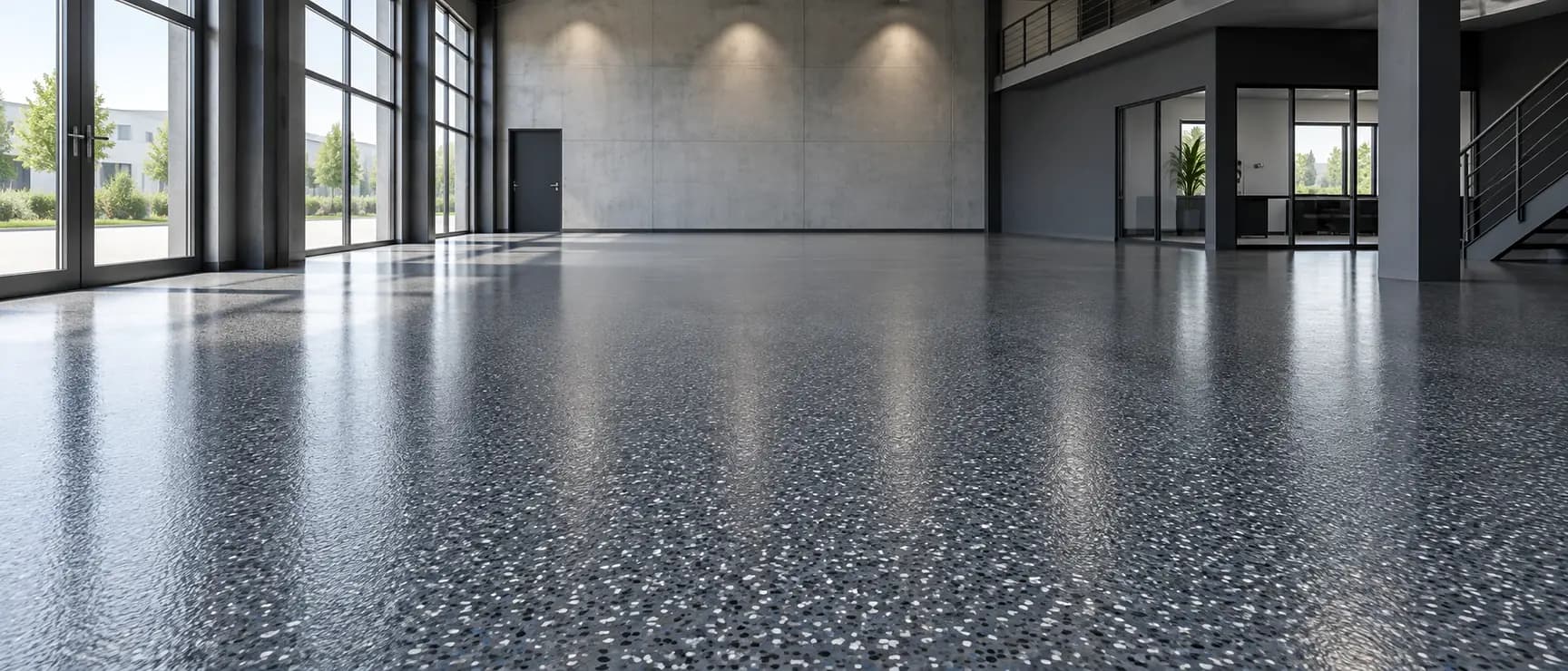 Epoxidharzboden mit grauen Flakes in einer Halle mit Glasfront