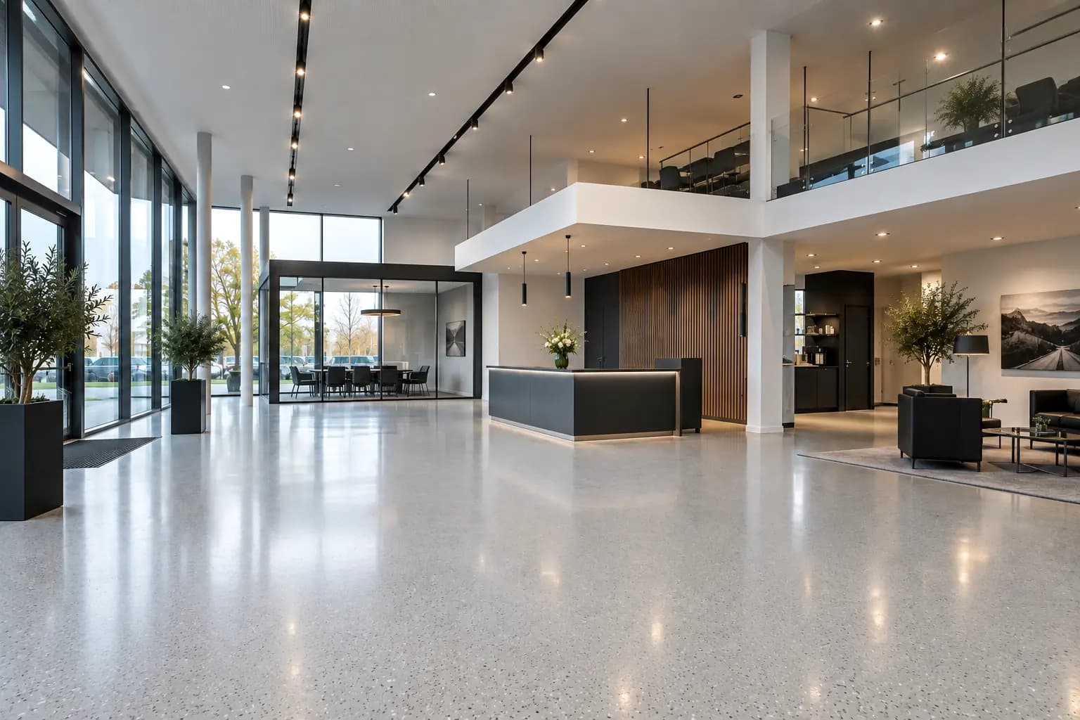 Showroom mit hellgrauem Epoxidharzboden